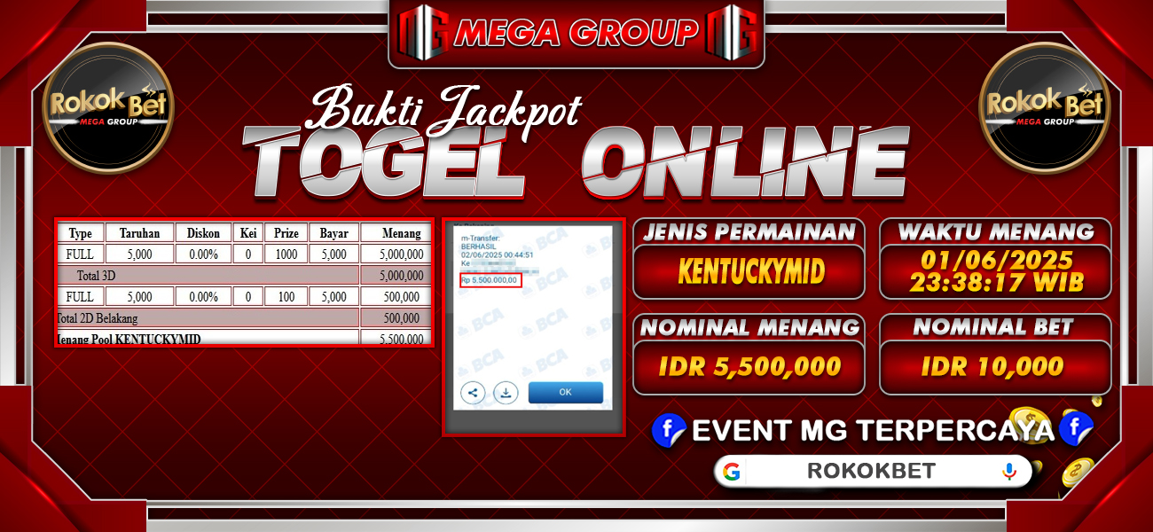 Bukti JP situs Rokokbet hari Senin, 02 Juni 2025