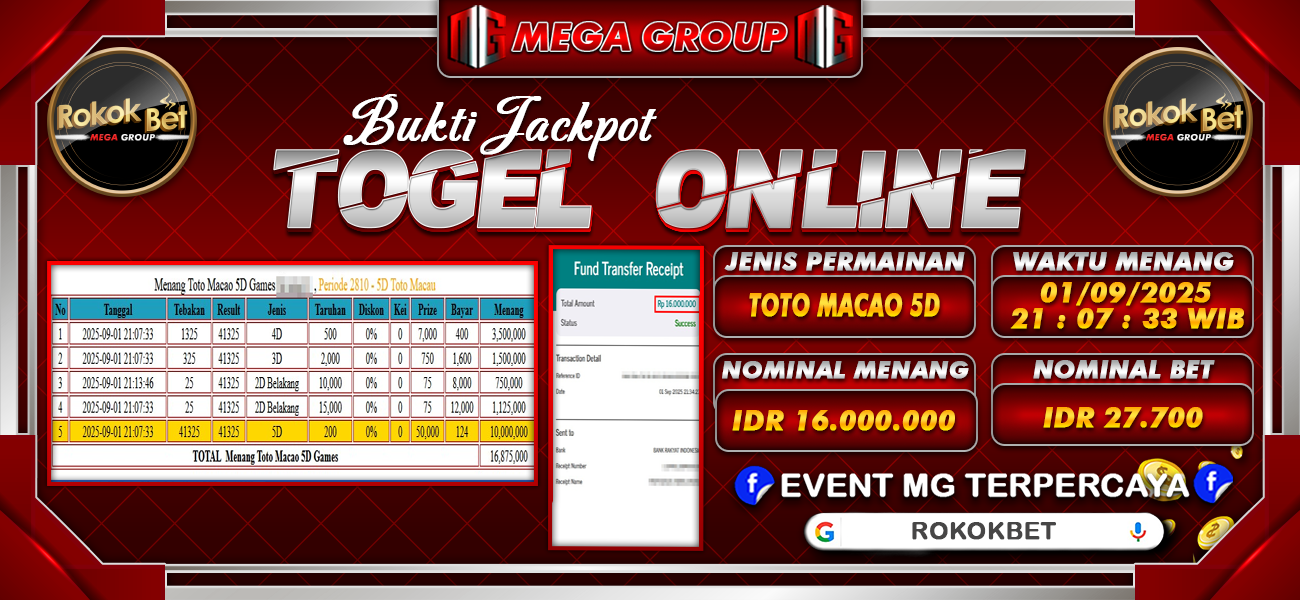 Bukti JP situs Rokokbet hari Senin, 01 September 2025
