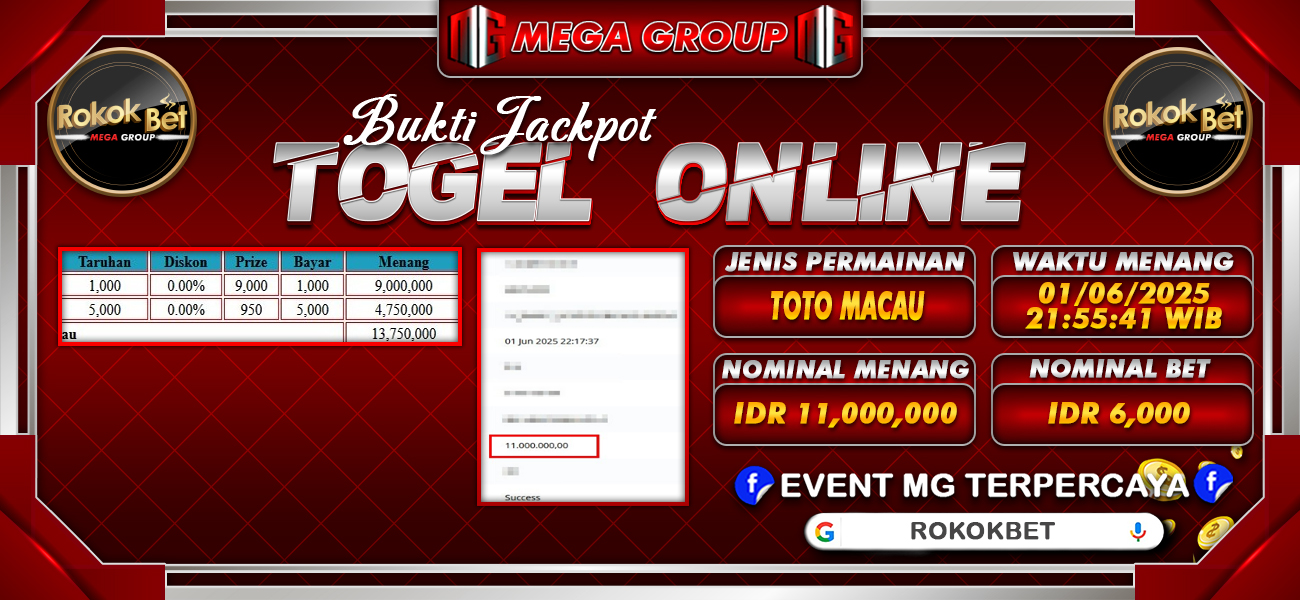 Bukti JP situs Rokokbet hari Senin, 02 Juni 2025